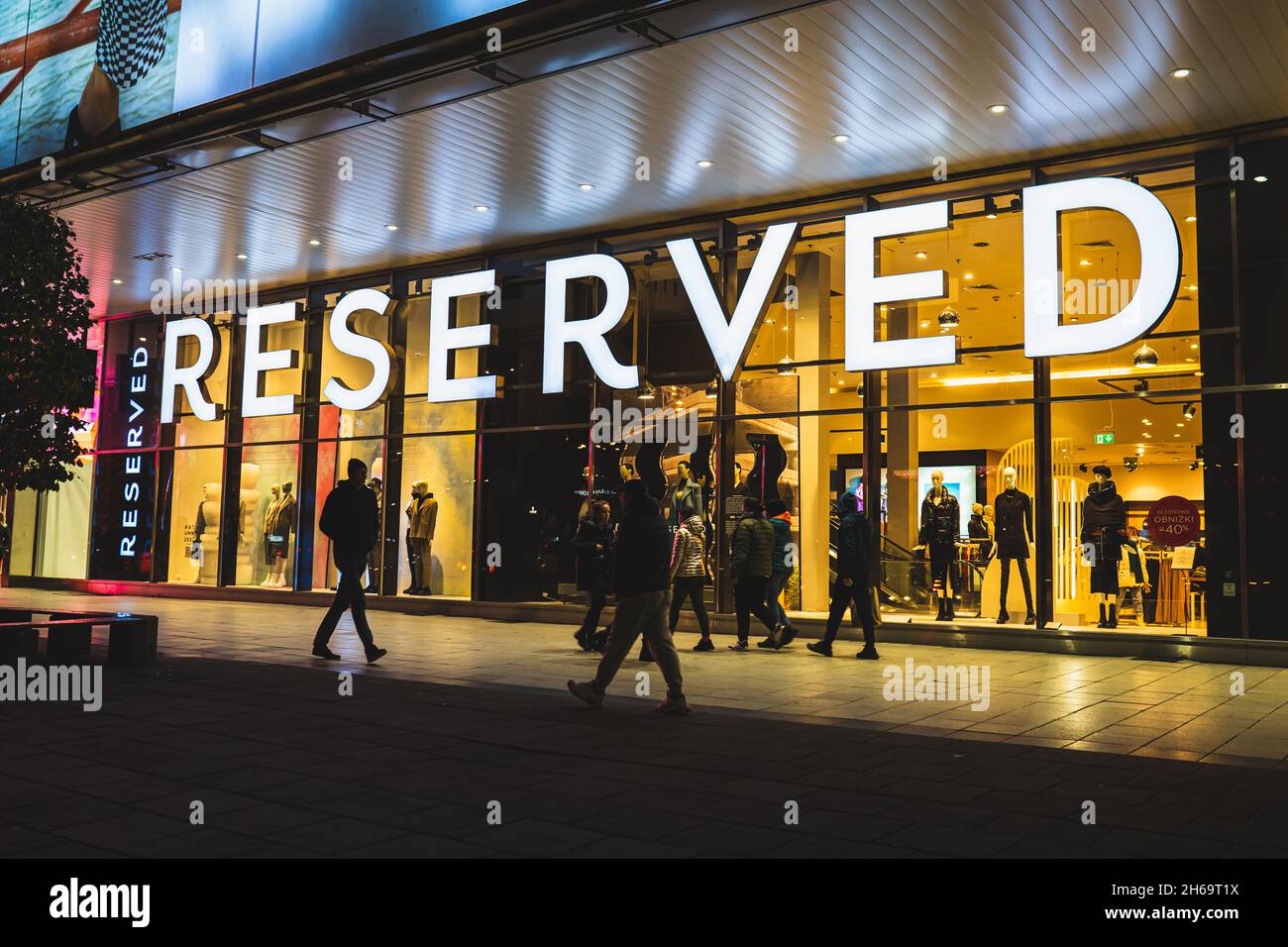 Reserved shop window and entrance sign, Polish clothing store chain in the city center. Warsaw, Poland - October 22, 2021 Stock Photo