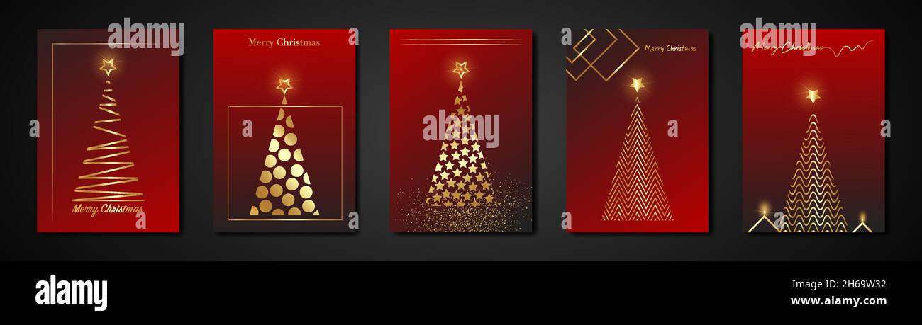 set cards Christmas Tree gold texture, golden luxury red modern background, gold vector stylized Merry Christmas , banner icon festive themed winter Stock Vector