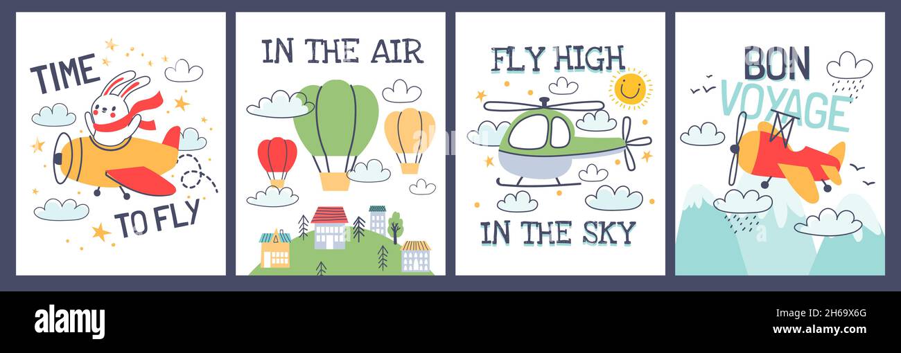 Cartoon baby t shirt prints with airplane and air balloons. Cute animal pilot in plane. Kid travel poster with aircraft transport vector set Stock Vector