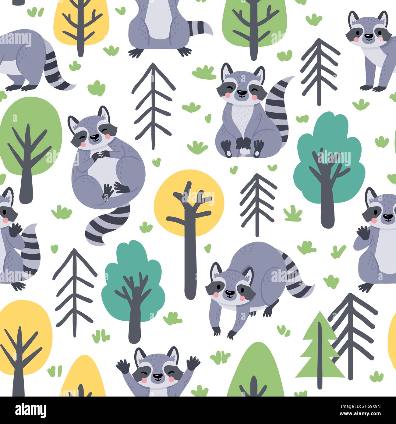 Cute seamless pattern with cartoon forest raccoons and trees. Childish ...