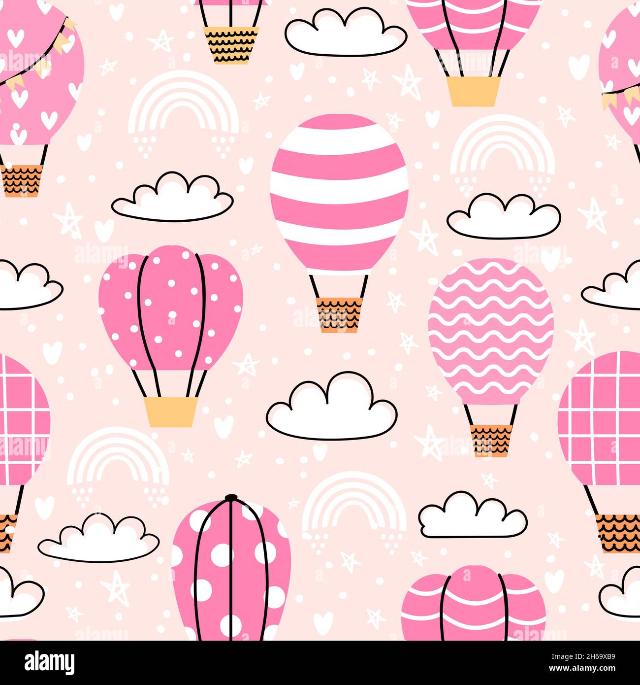 Cute seamless pattern with pink hot air balloons in sky. Childish print