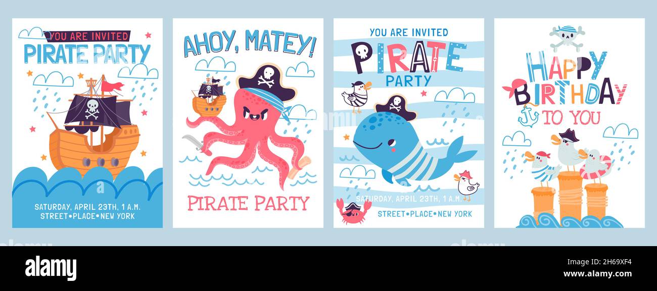 Cartoon pirate birthday party invitation cards for kids. Happy sea adventure posters with pirate ship, octopus, seagull and whale vector set Stock Vector