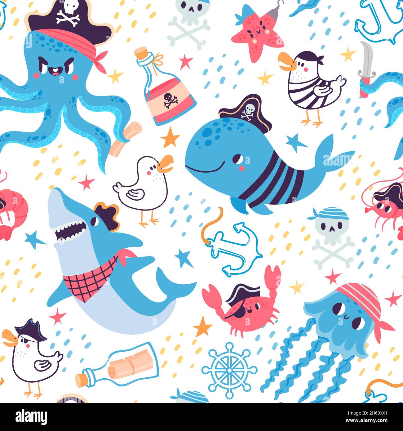 Funny cartoon seamless pattern for kids with pirate animals. Marine travel design with whale, shark, crab and octopus, sea vector wallpaper Stock Vector