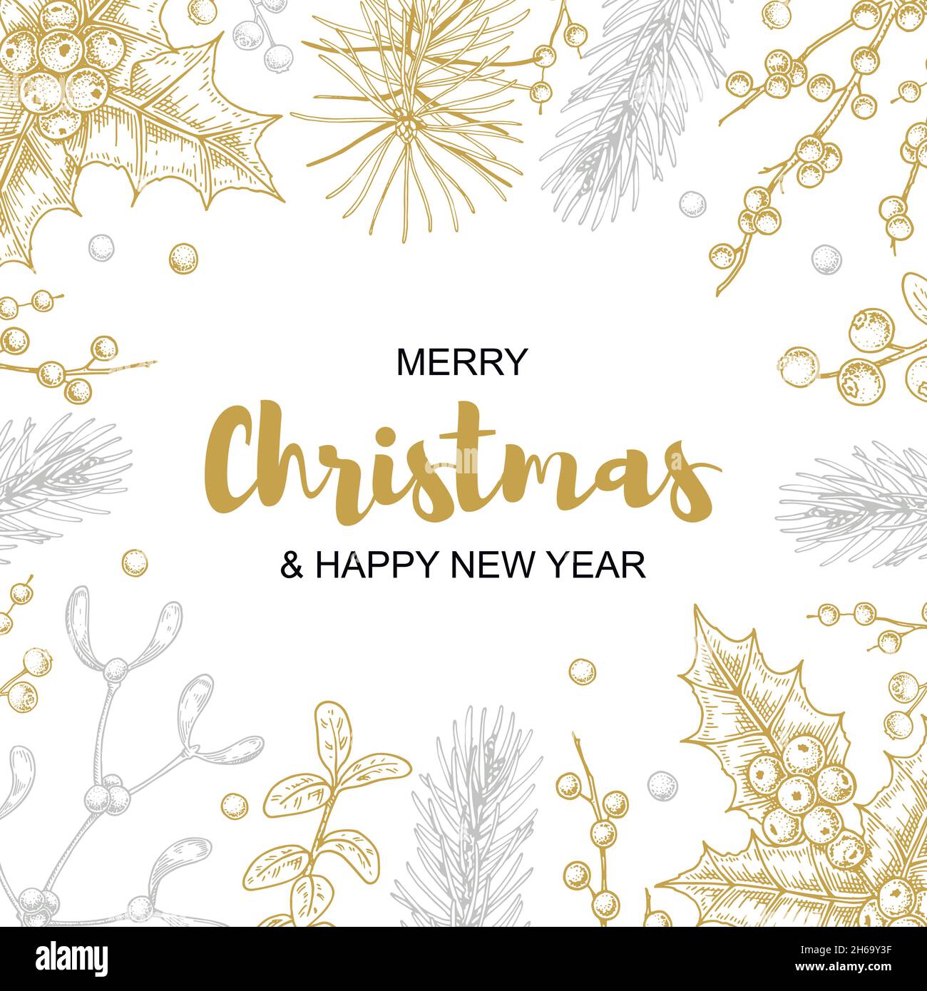 Merry Christmas and happy New Year greeting card with floral elements ...