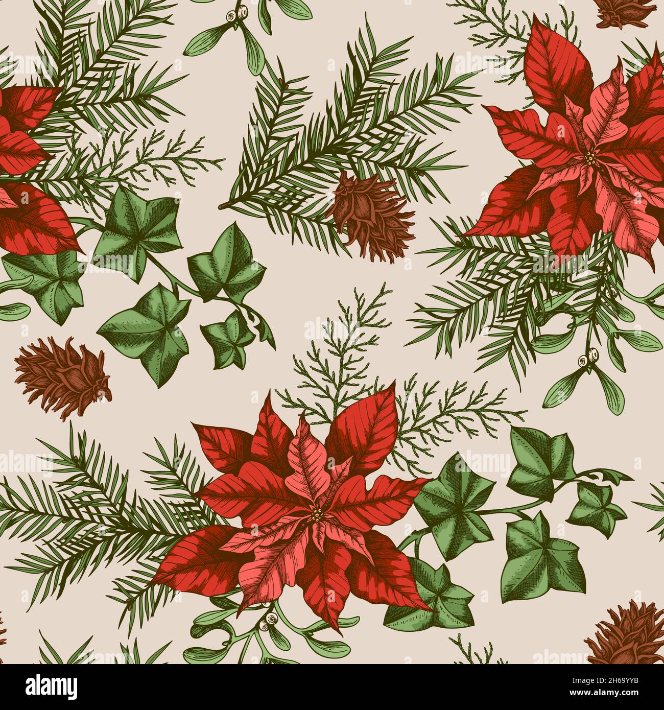 Vintage Christmas seamless pattern with evergreen plants and red ...