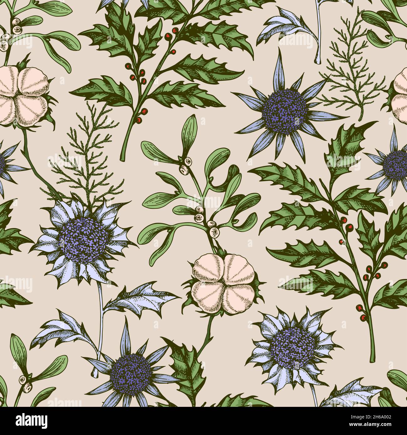 Vintage Christmas seamless pattern with evergreen plants holly and ...