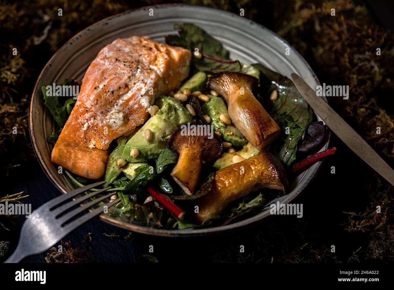 salmon and mushroom dinner meal on table Stock Photo