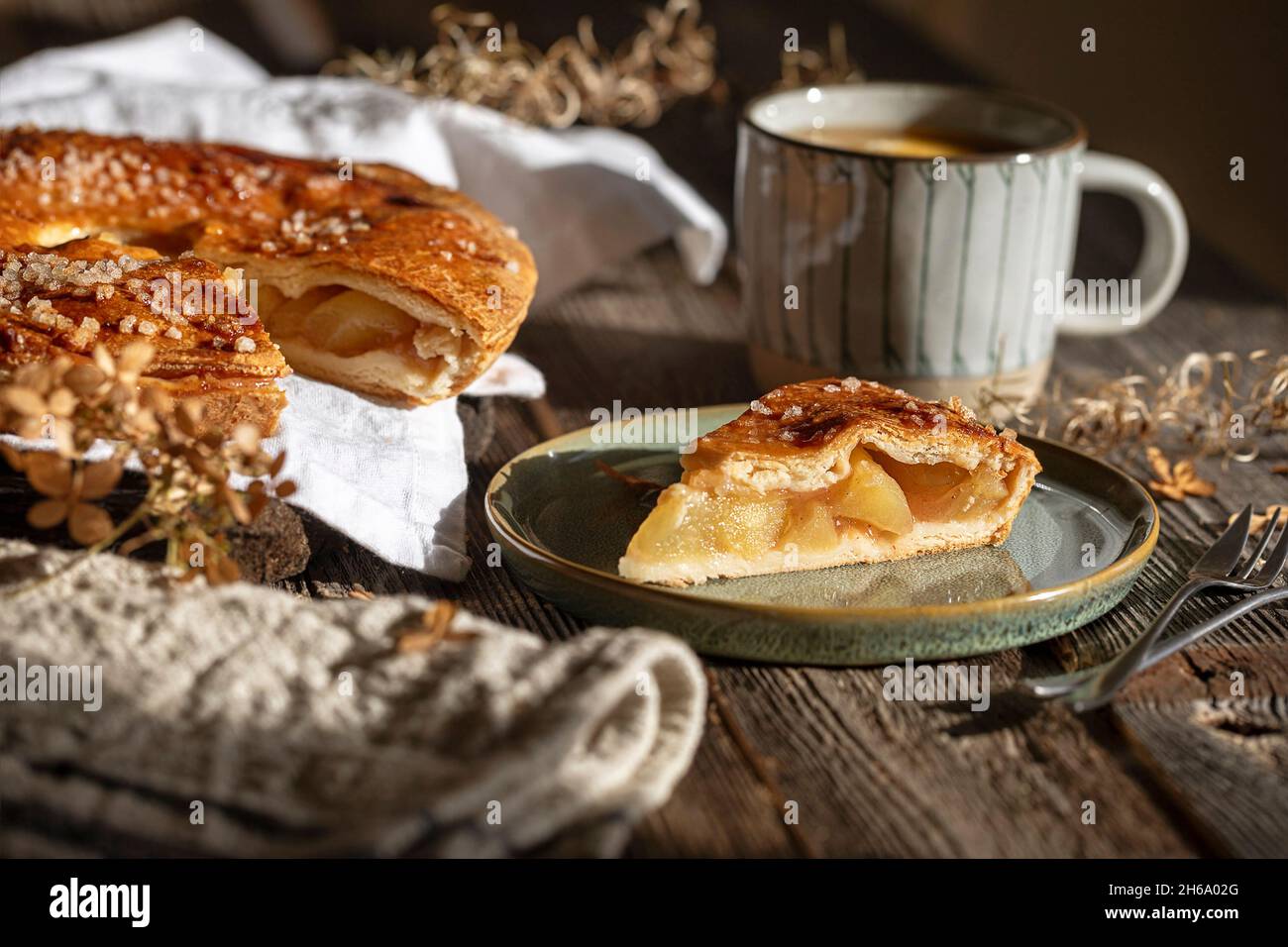 breakfast table with delicious apple pie Stock Photo