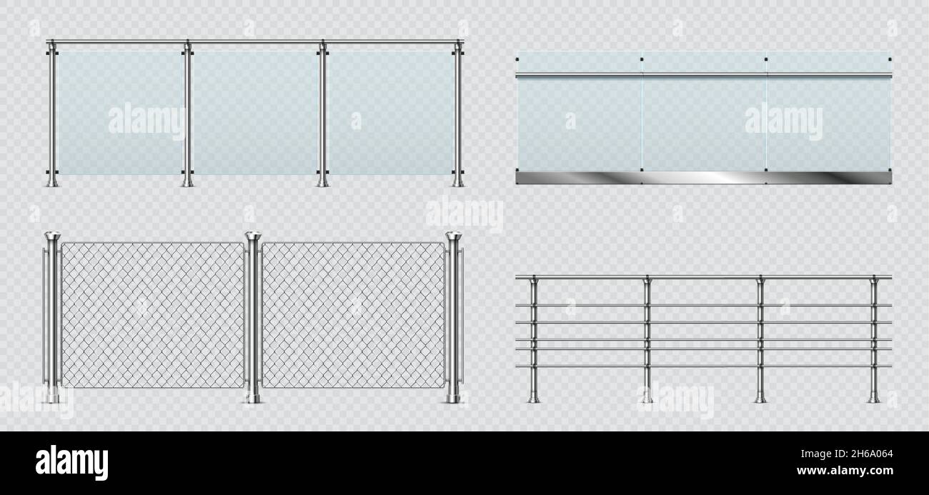 Realistic glass and metal balcony railings, wire fence. Transparent terrace balustrade with steel handrail. Pool fencing sections vector set Stock Vector