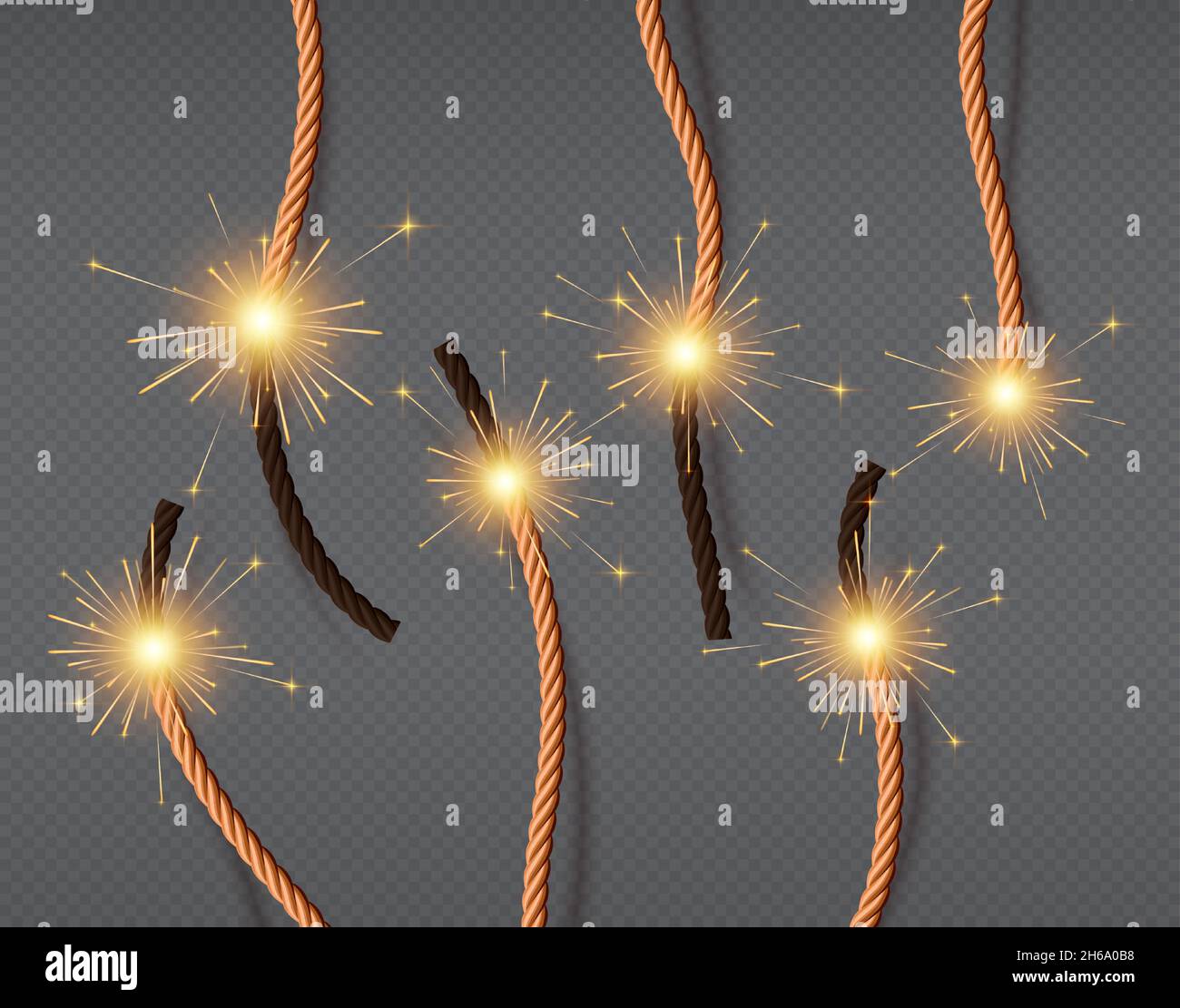 Realistic burning fire wicks, lighted dynamite fuses. Firecracker or fireworks twisted ropes with flames. Lit fuse cord of bombs, vector set Stock Vector