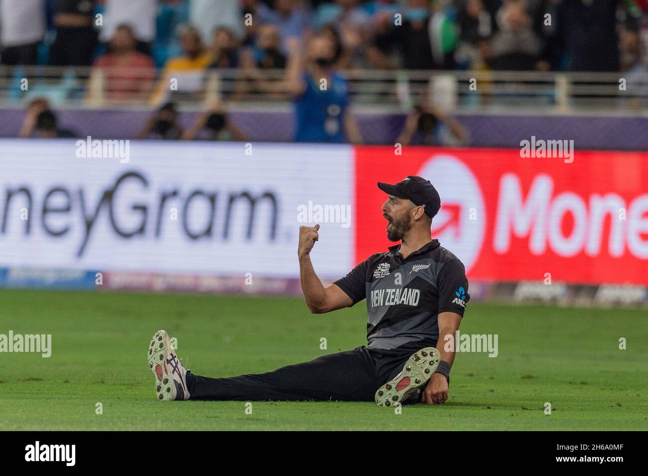 Dubai, UAE. 14th November 2021. Daryl Mitchell of New Zealand celebrates the wicket of Aaron Finch, captain of Australiaduring the ICC Mens T20 World Cup final match between Australia and New Zealand at Dubai International cricket stadium, Dubai, UAE on 14 November 2021. Photo by Grant Winter. Editorial use only, license required for commercial use. No use in betting, games or a single club/league/player publications. Credit: UK Sports Pics Ltd/Alamy Live News Stock Photo