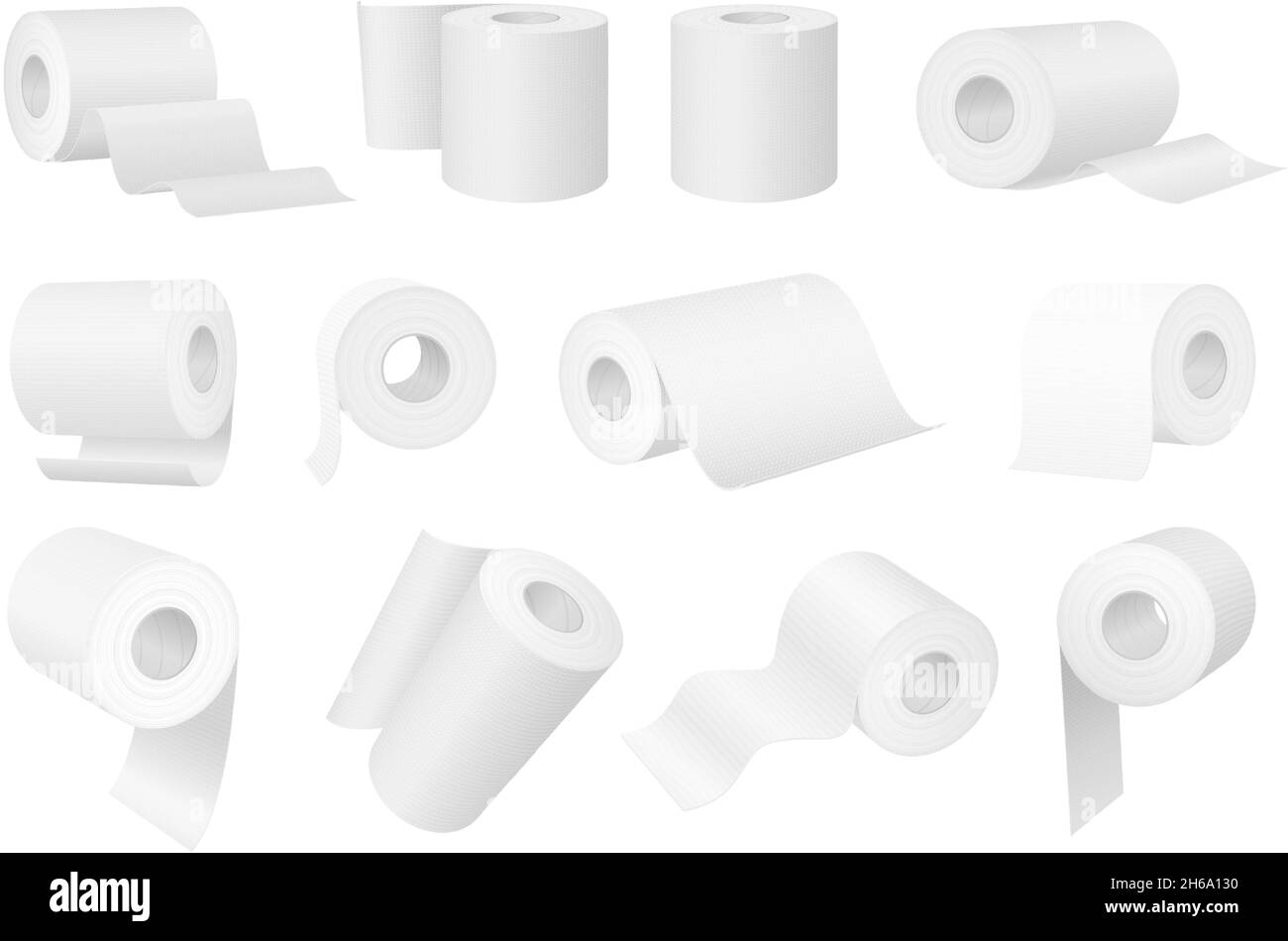 Realistic white toilet paper and kitchen towel rolls. 3d cylinder hygiene wipes with tube