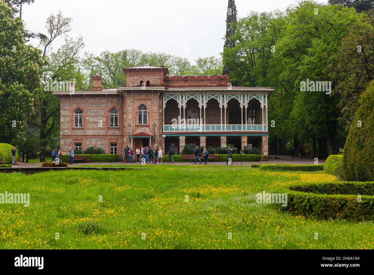 Tsinandali, Georgia - May 4, 2019: Tourists visit the Tsinandali residence located a village in Kakheti, Georgia, situated in the district of Telavi, Stock Photo