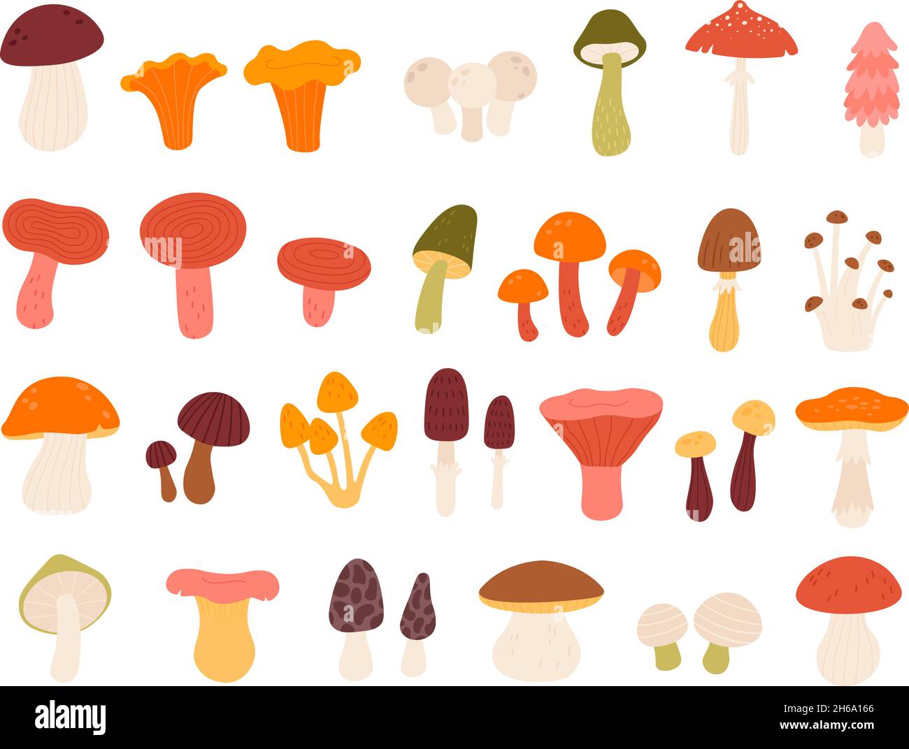 Flat edible forest mushrooms, truffle, chanterelle, porcini and amanita. Natural wild mushroom types in abstract minimalist style vector set Stock Vector