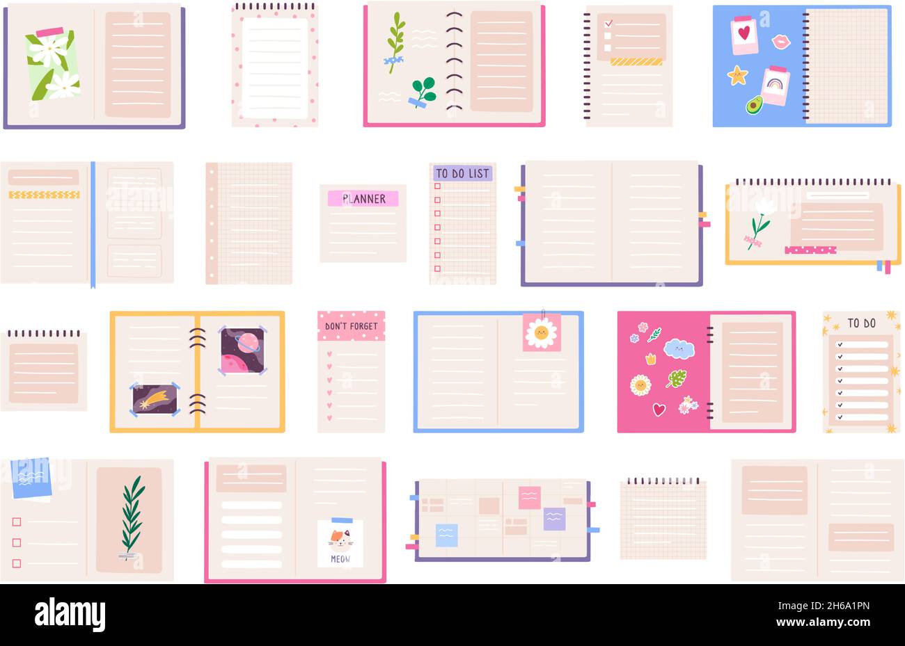 Cute planner, diary, journal, paper notebook and to do list. Decorated notepads with stickers, photos and flowers. Cartoon notes vector set Stock Vector