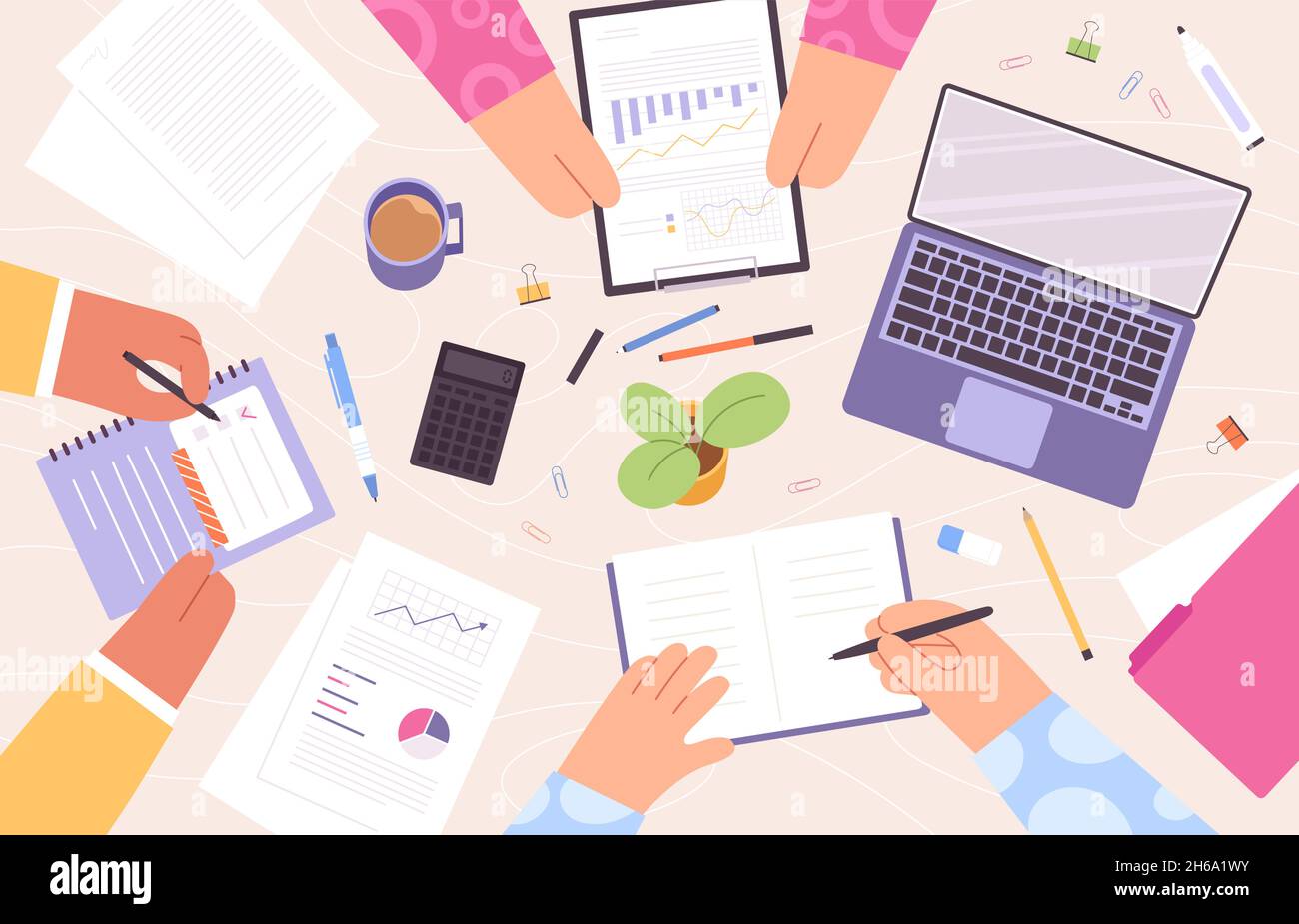 Office team work at table top view with character hands. Desk workplace with documents, graphics and laptop. Business meeting vector concept Stock Vector