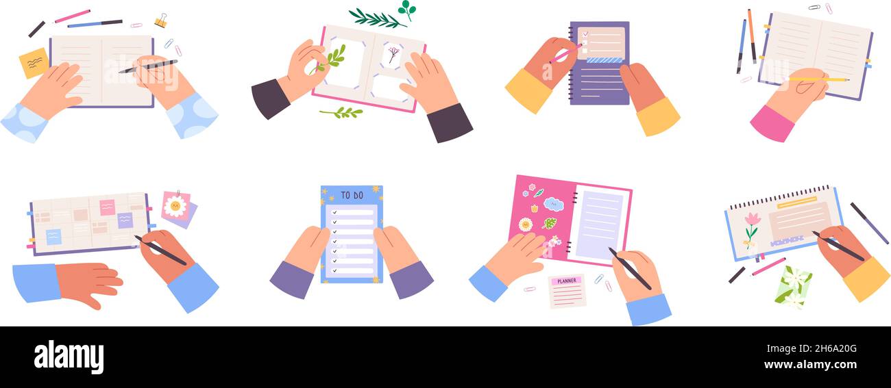 Flat hands write in notebook, decorate diary or journal. Organize