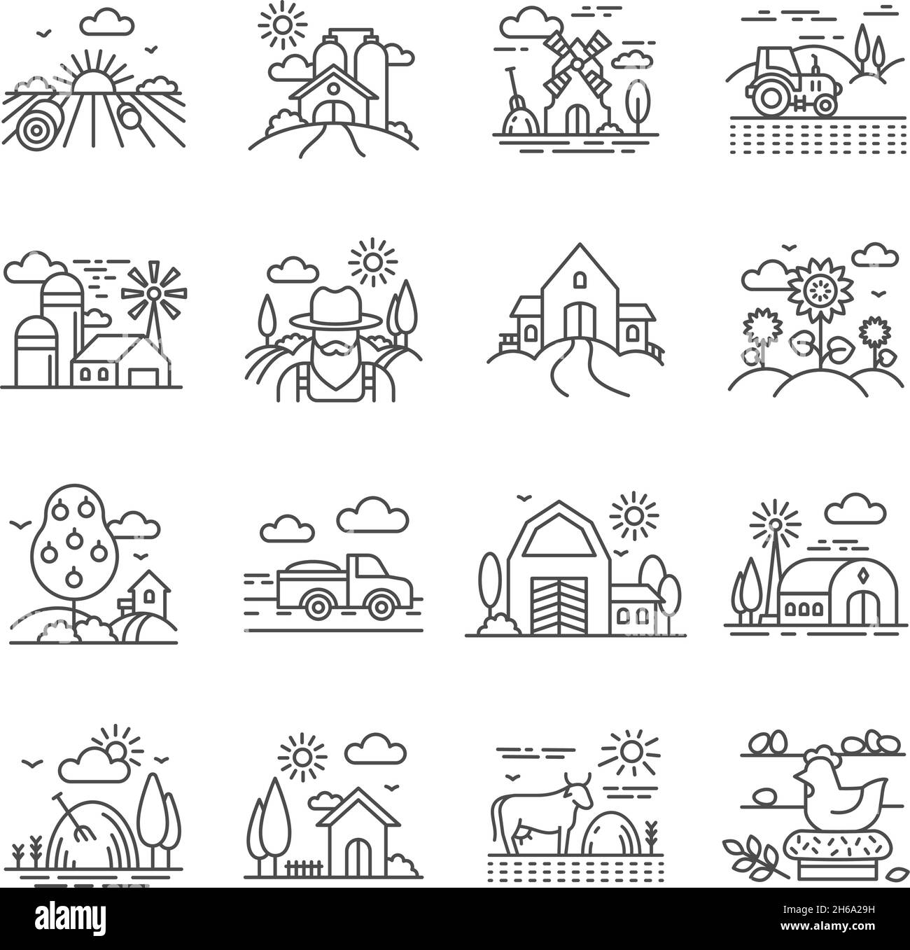 Line rural and farm landscapes with fields, barns and machinery. Agriculture industry icons. Farming buildings, harvest, farmland vector set Stock Vector