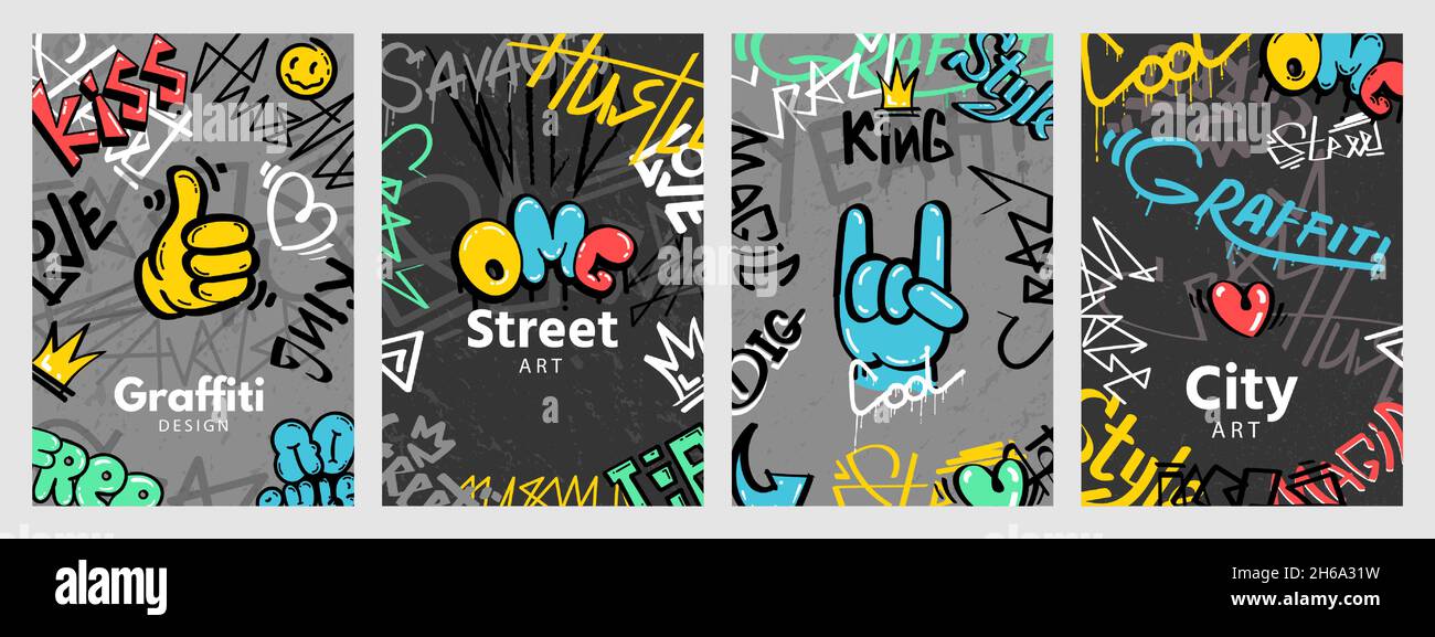 Abstract street art posters with graffiti style slogans. Urban wall spray paint drawings and splashes. Cool cover anarchy designs vector set Stock Vector