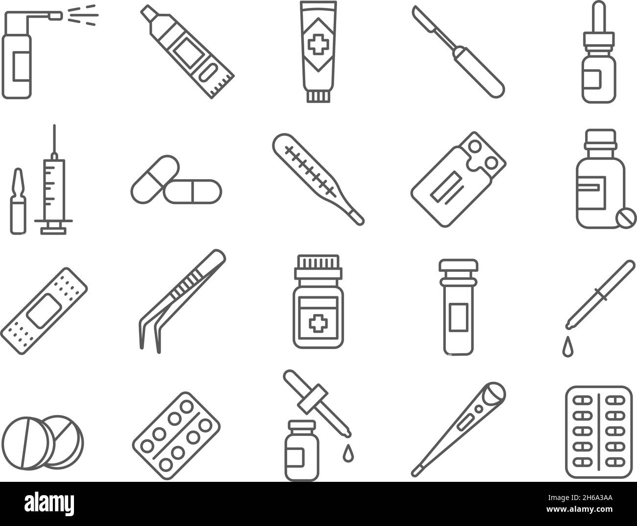 Line medical drug, vaccines, bottles and pills icons. Syringe and ampoule, aerosol, nasal spray, capsule and cream tube. Medicine vector set Stock Vector
