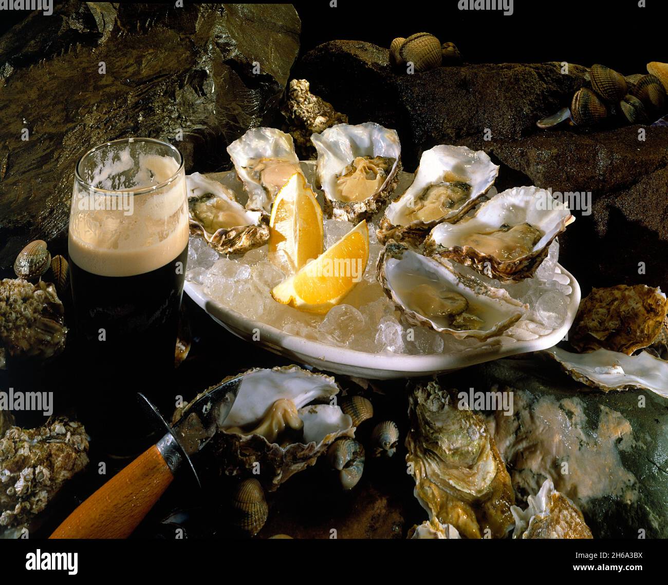 Guinness and Oysters in a natural beach setting Stock Photo
