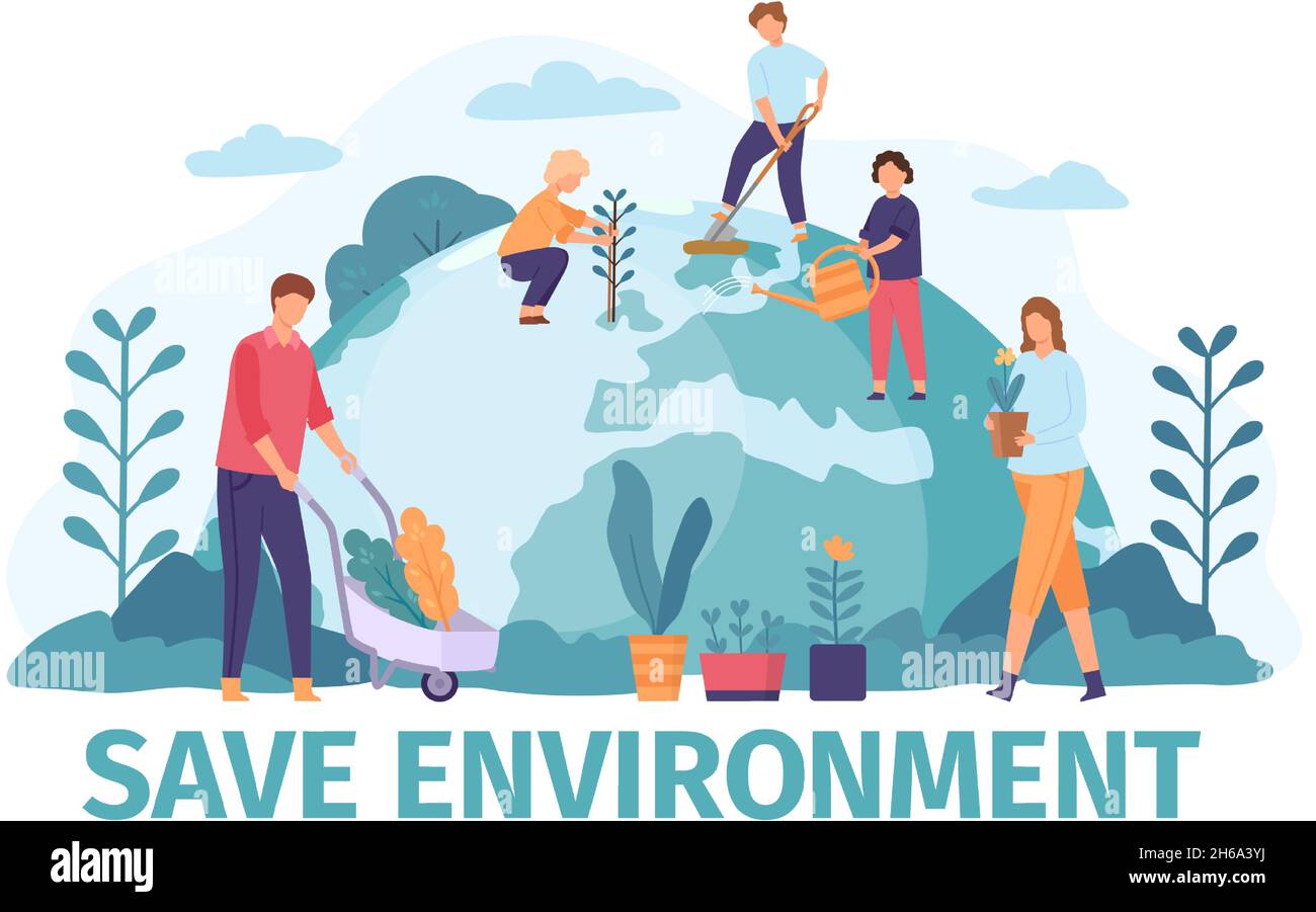 Flat people gardening and save environment ecology on earth globe. Volunteers community protect world nature, planting trees vector concept Stock Vector