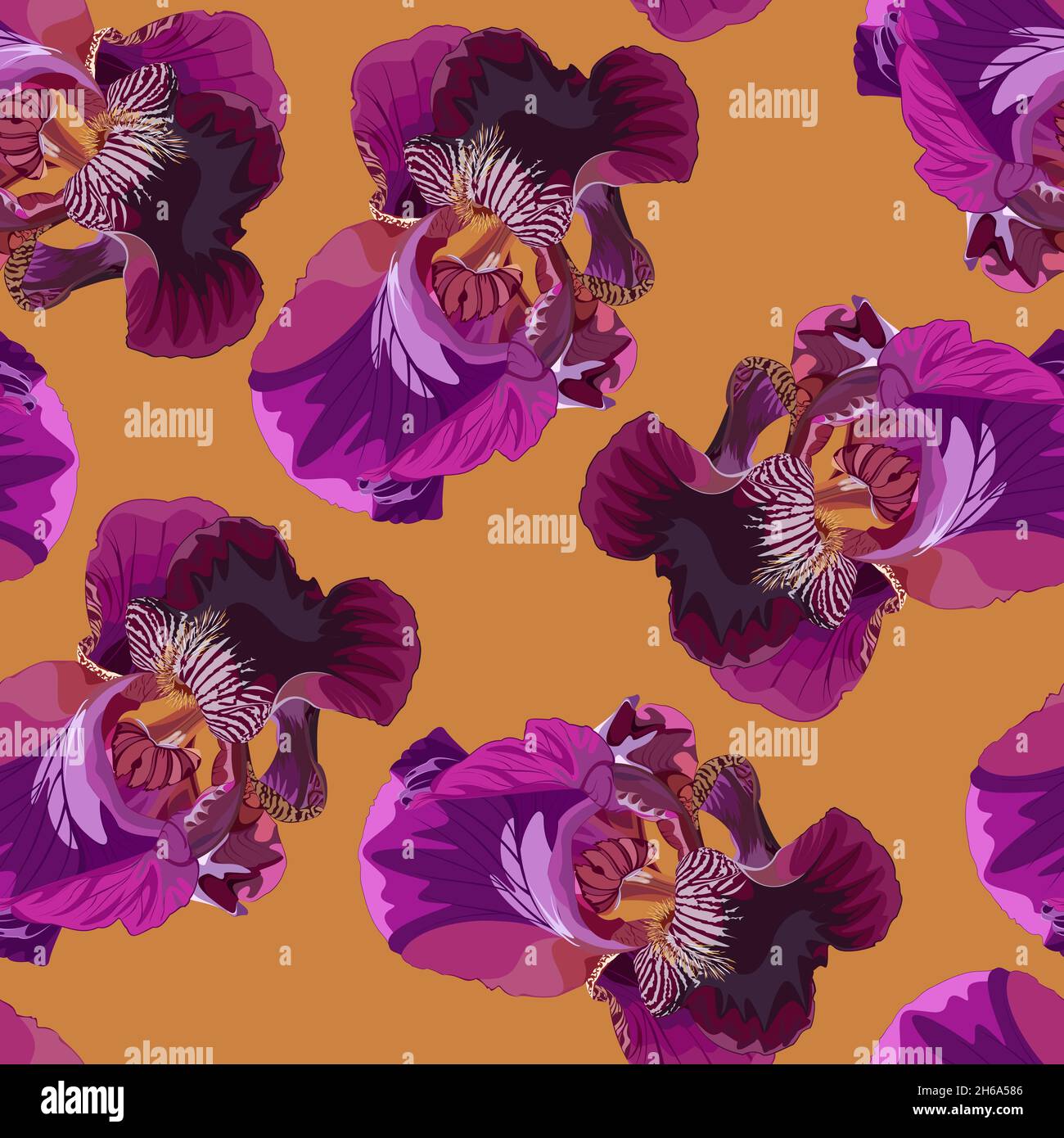 Seamless pattern with flowers of lilac iris on a yellow background Stock Vector