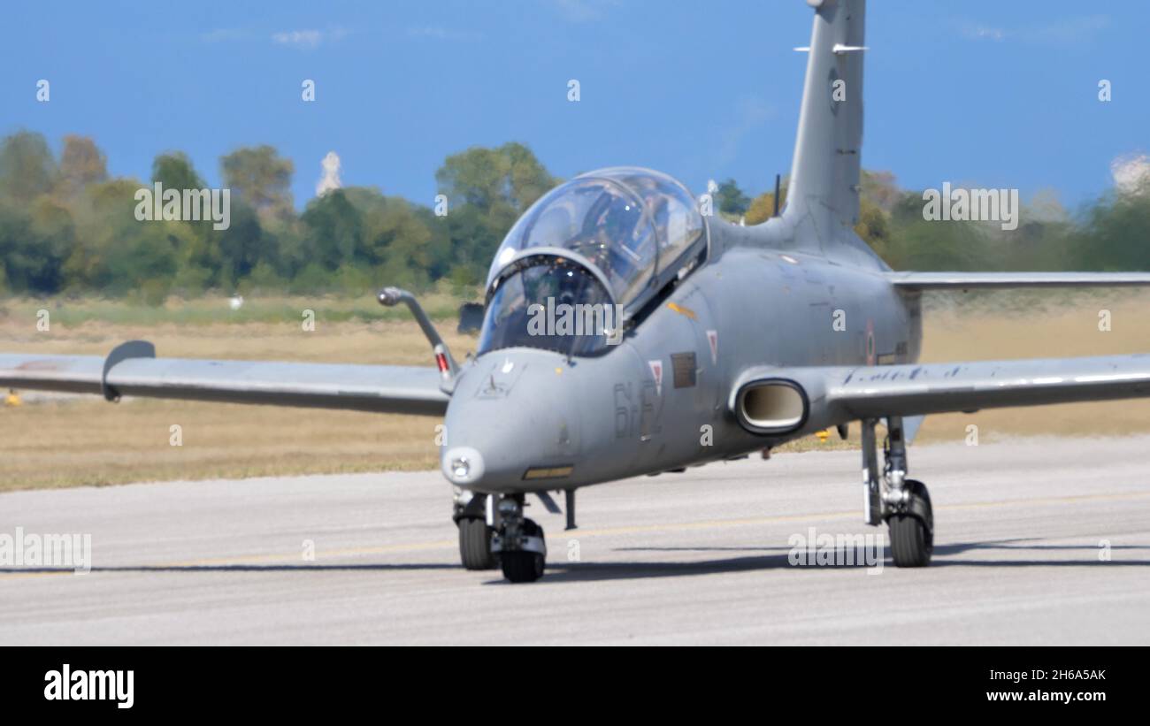 Rivolto del Friuli, Udine, Italy SEPTEMBER, 17, 2021 Frontal view of a grey military two seats in tandem jet trainer airplane. Aermacchi MB-339 of Italian Air Force Stock Photo