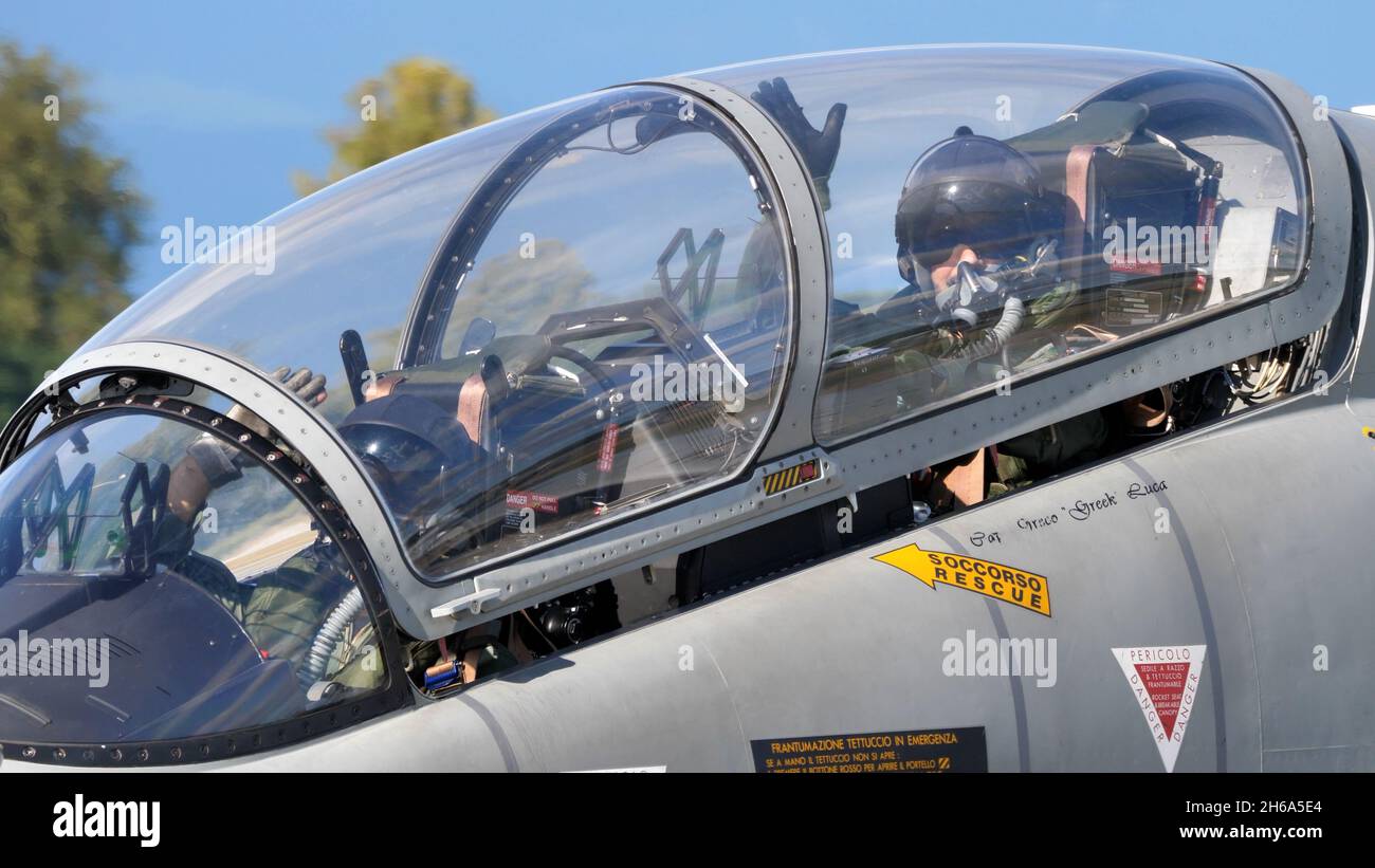 Rivolto del Friuli, Udine, Italy SEPTEMBER, 17, 2021 Close up view of military pilots in the cockpit of a modern jet training airplane. Aermacchi MB-339 of Italian Air Force Stock Photo
