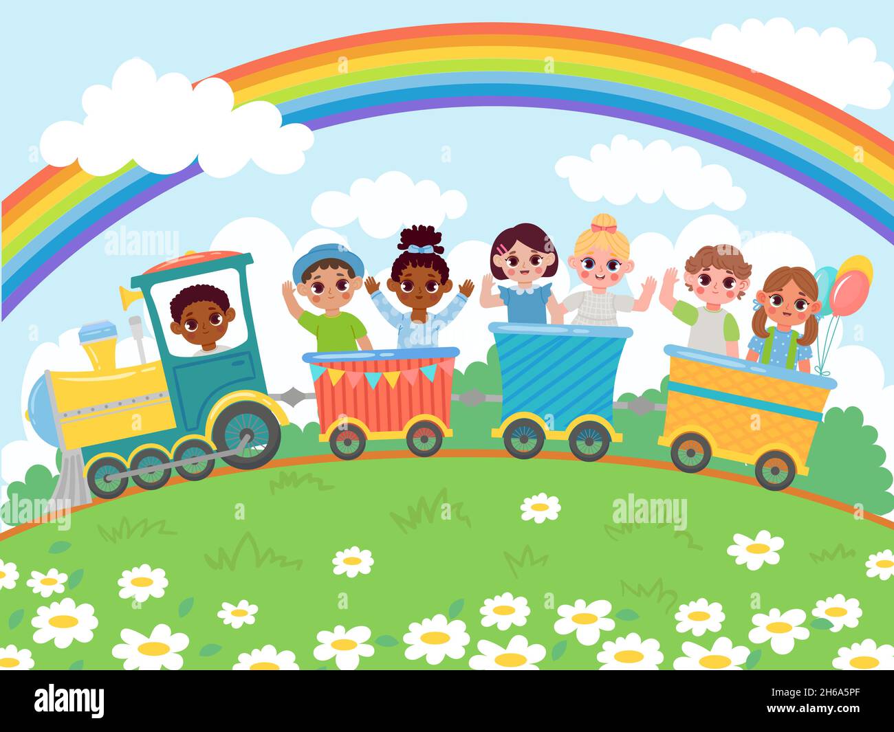 Cartoon kindergarten happy kids ride on toy train. Happy children ...