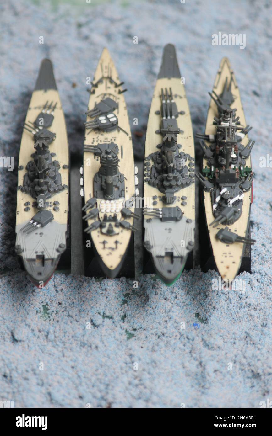 The lineup of miniature battleships consists of the enterprise carrier, the submarine, the battleship Musashi, the battleship Yamato, the main battles Stock Photo