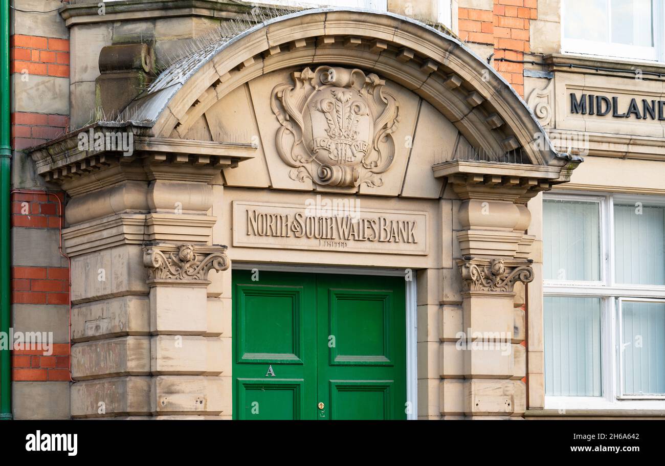 The old North and South Wales Bank, Ruabon Branch. The company was taken over by The Midland Bank in 1908, then later the HSBC took over. Sept 2021. Stock Photo