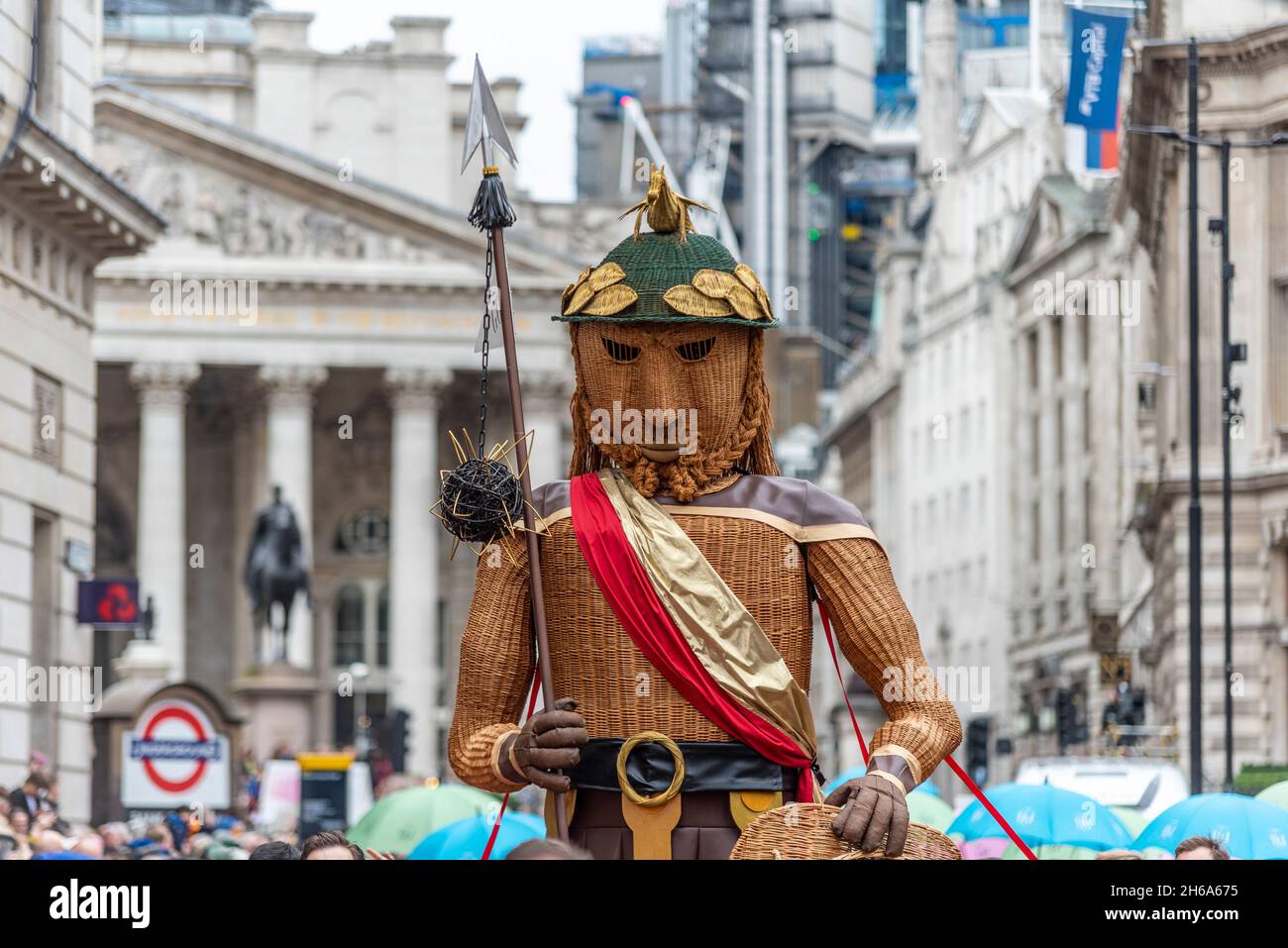 GOG giant effigy, with GUILD OF YOUNG FREEMEN at the Lord Mayor's Show, Parade, procession passing along Poultry, near Mansion House, London, UK Stock Photo