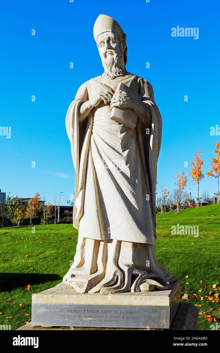 Statue of St Mungo, the patron saint of Glasgow situated near Cathedral Street, Glasgow. The