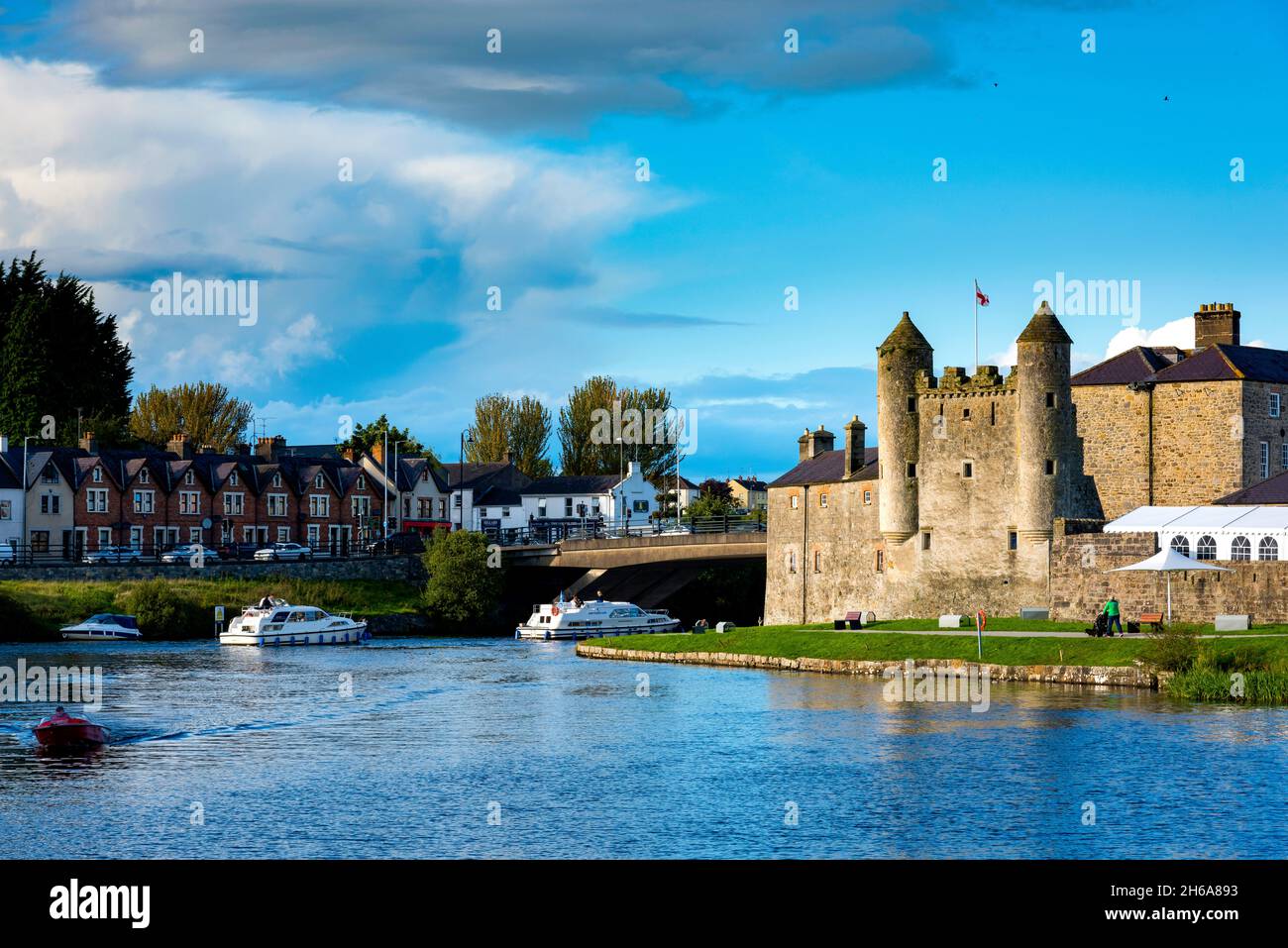 Cruise boats pass Enniskillen Castle on Lough Erne in County Fermanagh, Northern Ireland Stock Photo