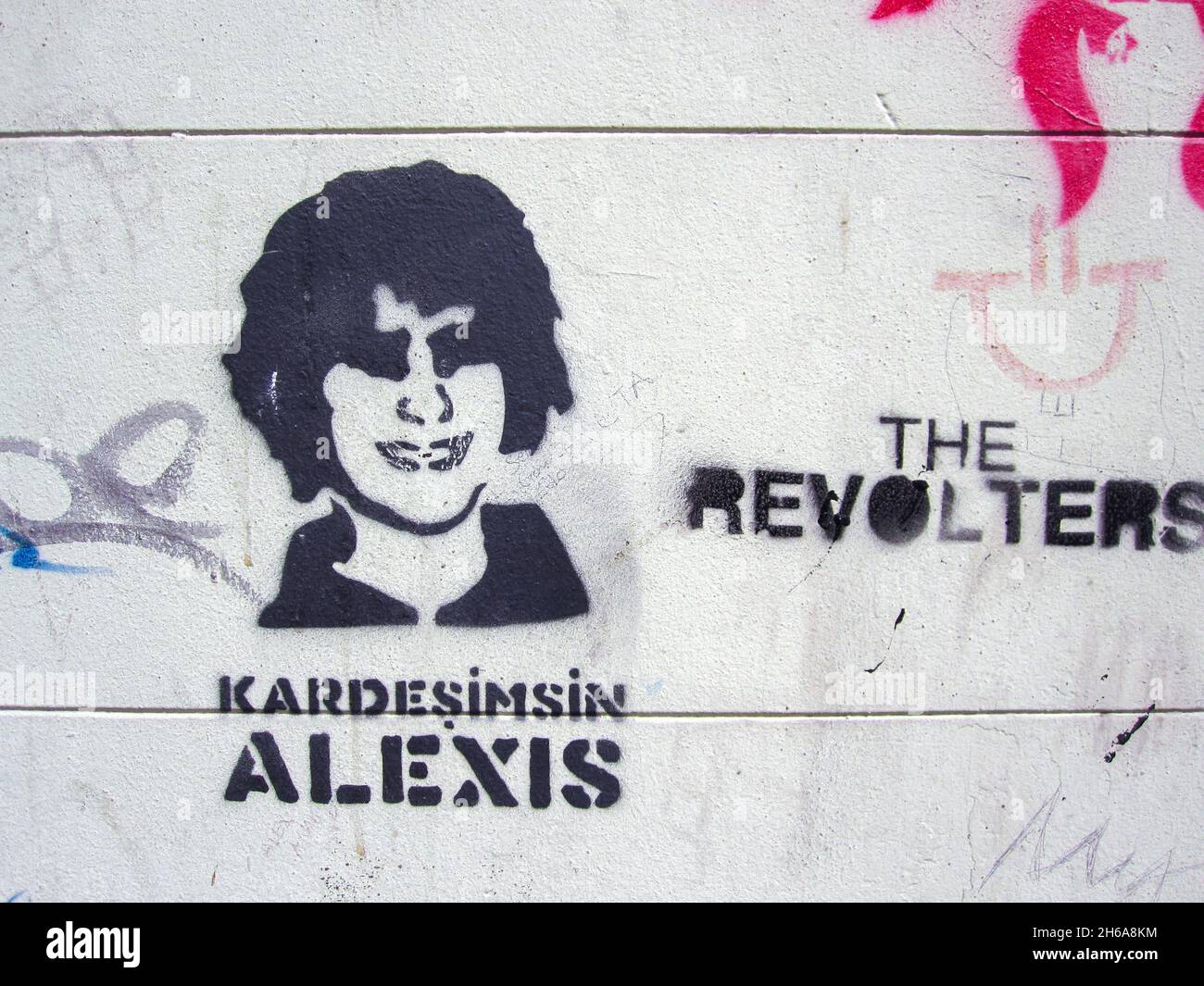 Graffiti on a wall of Istanbul, in solidarity to the Greek young boy Alexandros Grigoropoulos who was murdered by a police officer in Athens, Greece. Stock Photo
