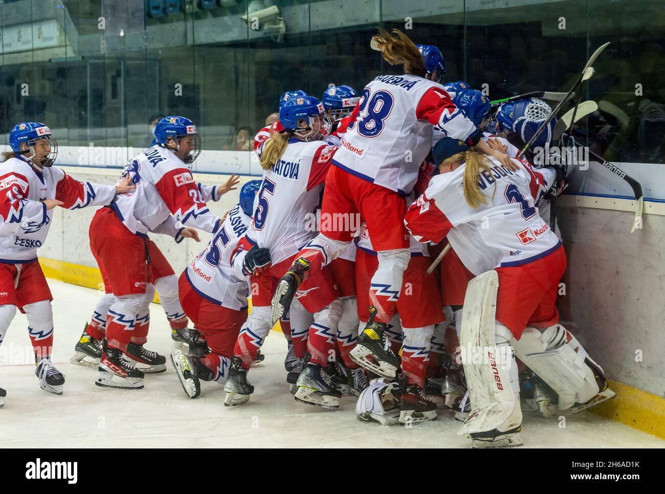 Chomutov, Czech Republic. 14th Nov, 2021. Czech players celebrate after the  2022 Olympic Women's Ice hockey Final Qualification, Group C, Czech  Republic vs Hungary, on November 14, 2021, in Chomutov, Czech Republic. -  rta.com.co