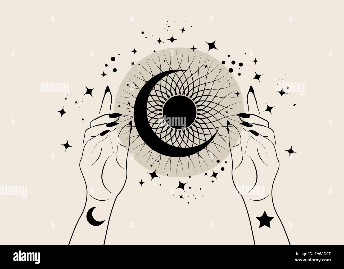 Mystical Woman Hands holding crescent moon and sun in boho style. Spiritual occultism mystic wicca sign. Vector illustration isolated on vintage Stock Vector