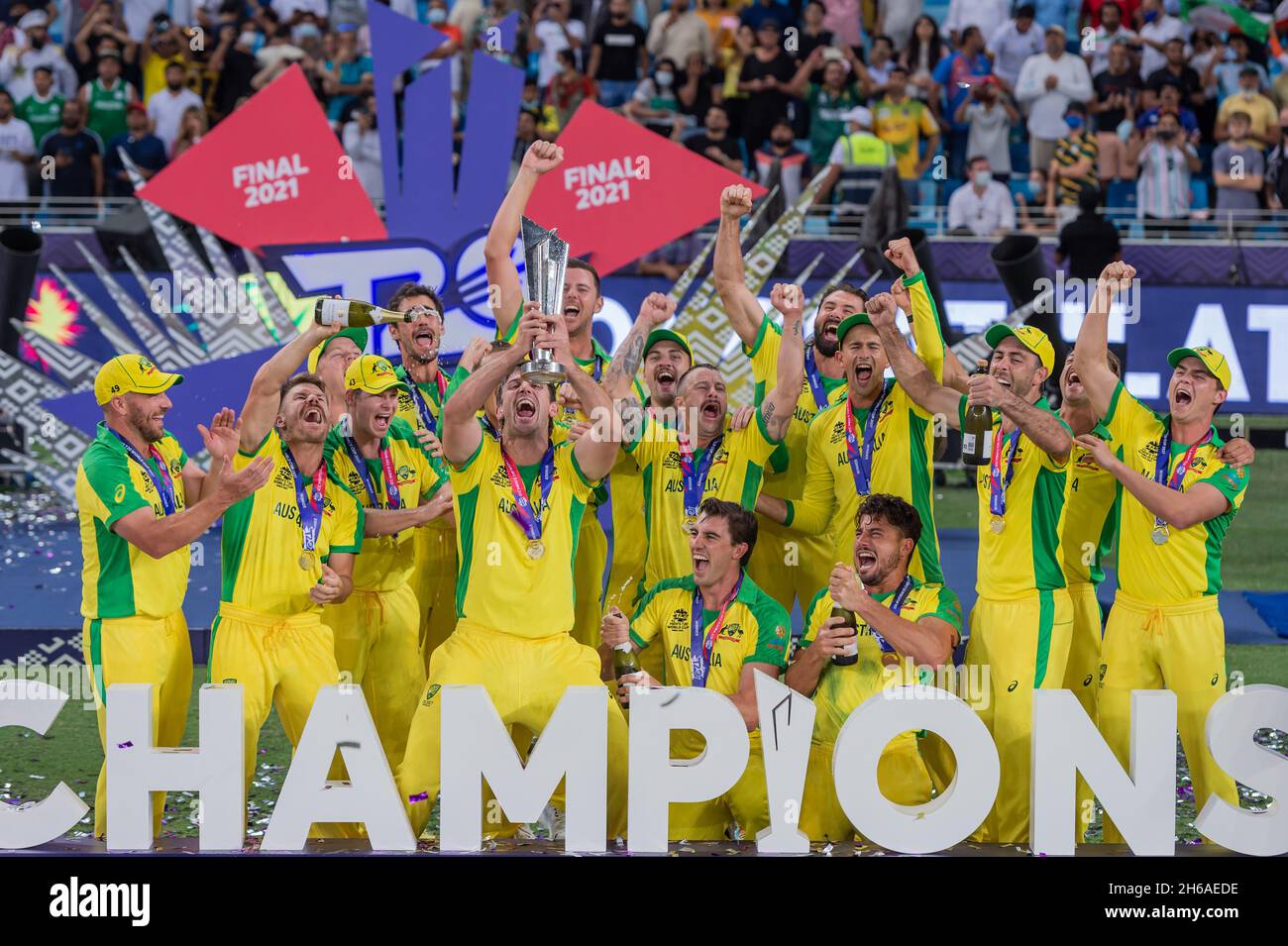 Australia celebrate with the ICC T20 World Cup trophy after an eight wicket victory over New Zealand in the ICC Mens T20 World Cup final match between Australia and New Zealand at