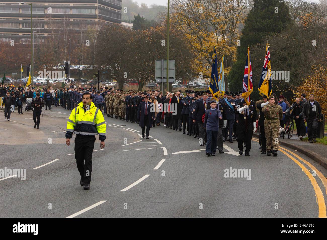 Hemel Hempstead, UK. 14th Nov, 2021. The parade is organised by The Royal British Legion and RAF Halton. The march begins in Hemel Hempstead town centre at 10.30 am and will conclude at the War Memorial. Wreaths will be laid at the War Memorial at St. John’s Church followed by a church service.. ©Enrique Guadiz/Alamy Live News Stock Photo