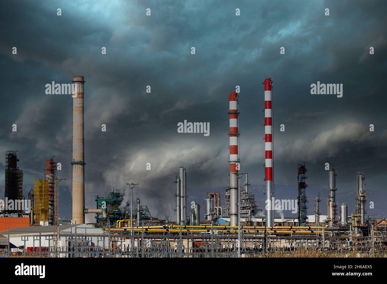 Industrial smoke from chimney in a refinery Stock Photo