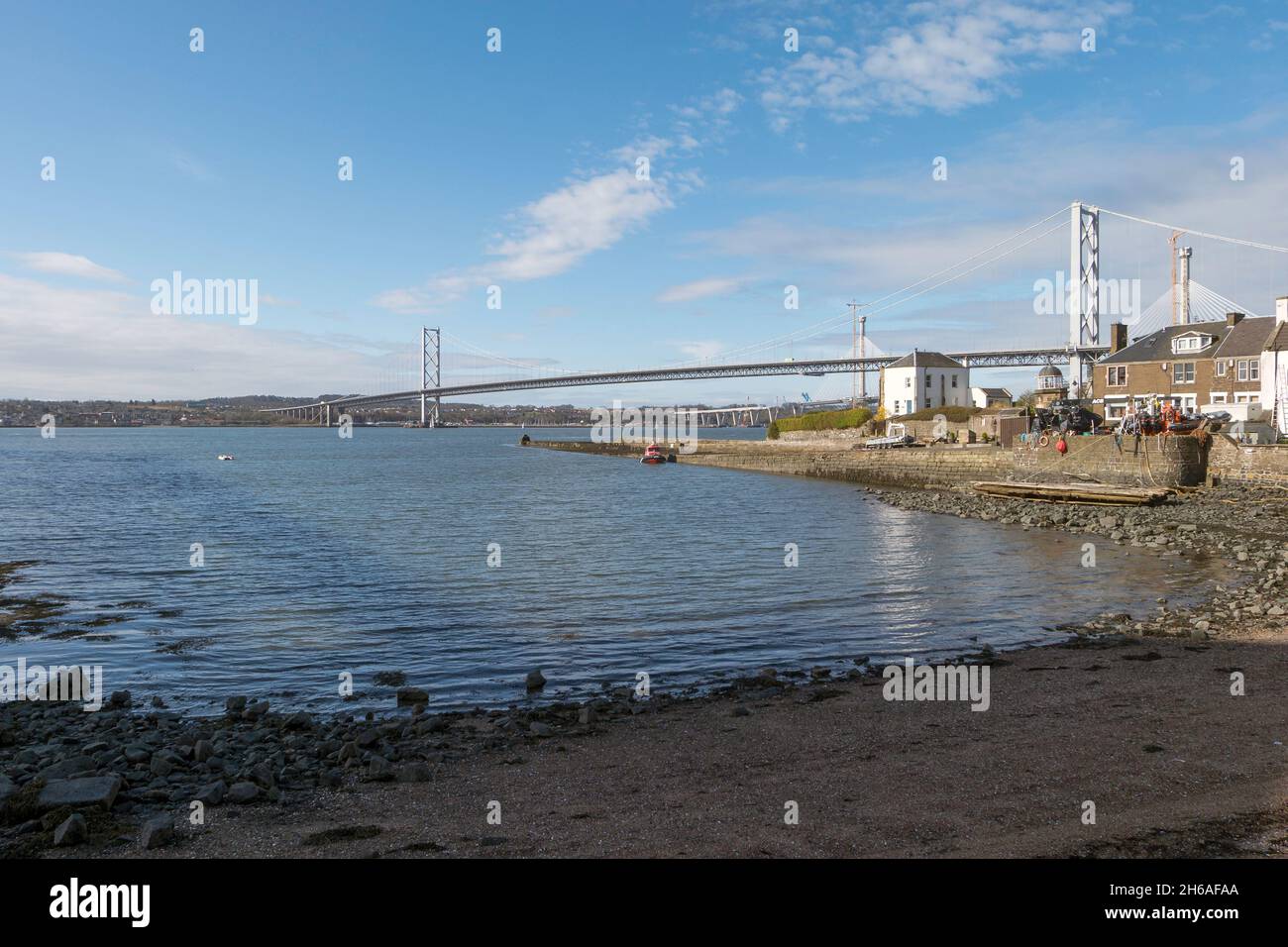 The Forth Road Bridge, seen from the Fife Coastal Path in North Queensferry, Fife, Scotland. Stock Photo