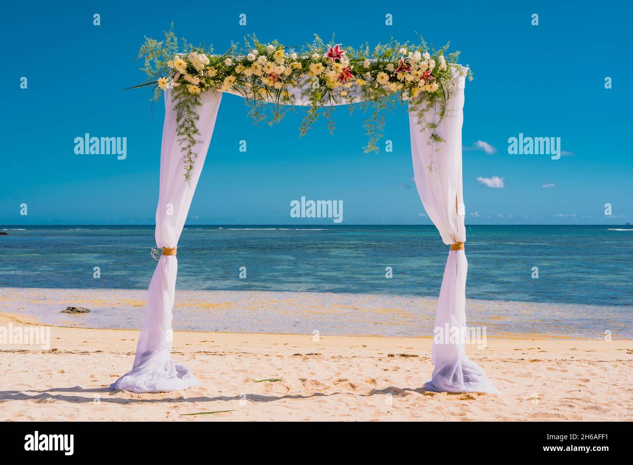 Wedding arch of flowers on the sky background, wedding ceremony of a