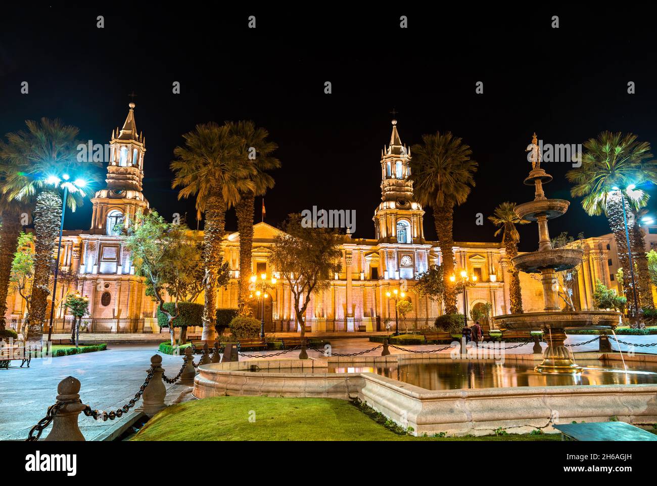 Basilica Cathedral at Plaza De Armas of Arequipa in Peru Stock Photo