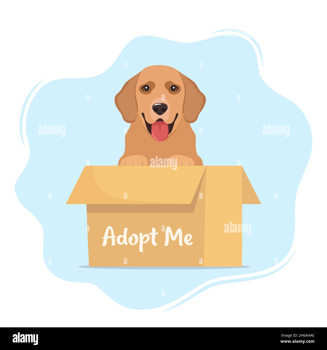 Cute dog in a cardboard box with the inscription Adopt me. Adopt a pet. Cute homeless puppy waiting for the adoption. Vector illustration for animal s Stock Vector