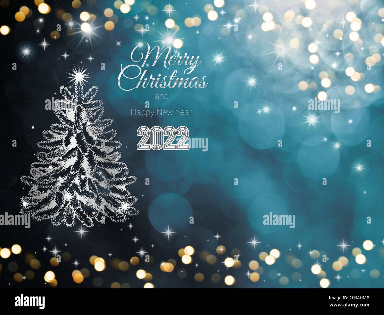 Merry Christmas and happy new year 2022 greeting card with bokeh lights ...