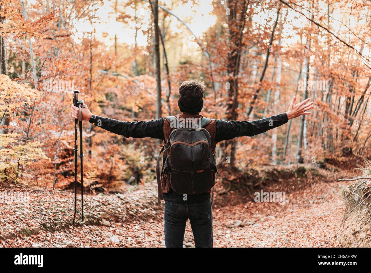The young man with a backpack in the woods spreading his arms. Autumn ...