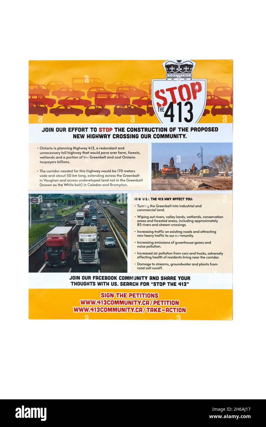 Stop 413 flyer, Ontario's proposed GTA West Highway, Hwy 413 Stock Photo