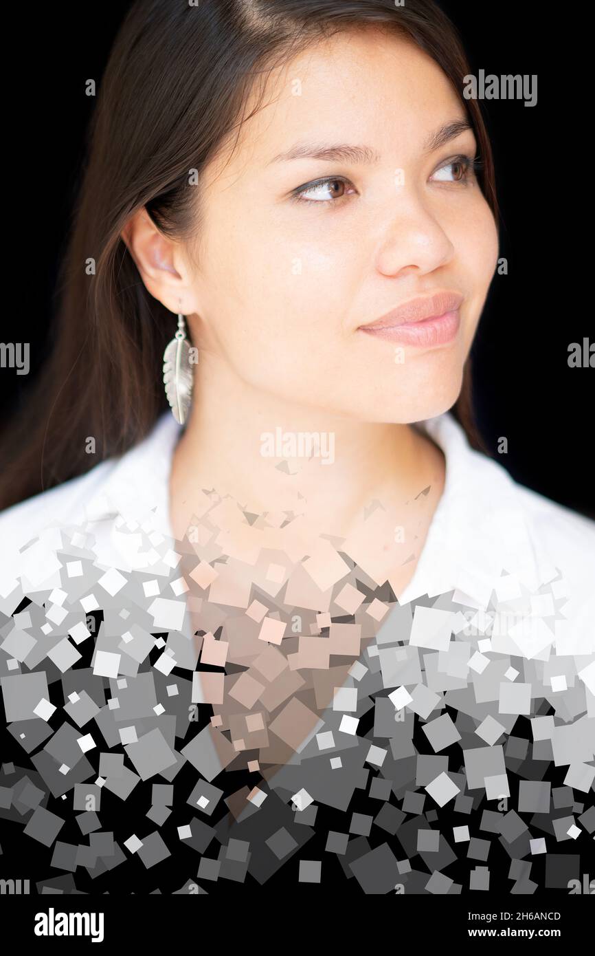 A double exposure portrait of a cute smiling woman combined with ...