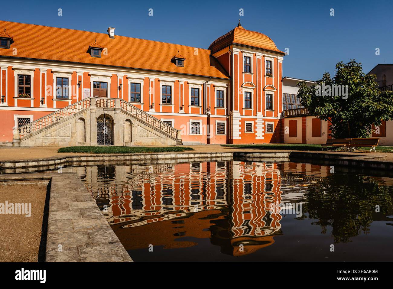 Ostrov,Czech Republic-October 10,2021.Chateau built in Baroque style surrounded by beautiful park with fountains,ponds and artificial rocks.Sightseein Stock Photo
